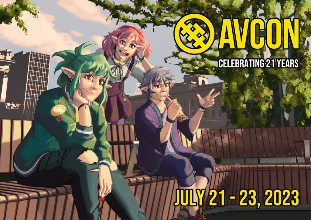 The AVCon mascots, Ayvee, Switch and Juliette are sitting outside smiling at the viewer. Text reads: AVCon Celebrating 21 Years July 21-23 2023